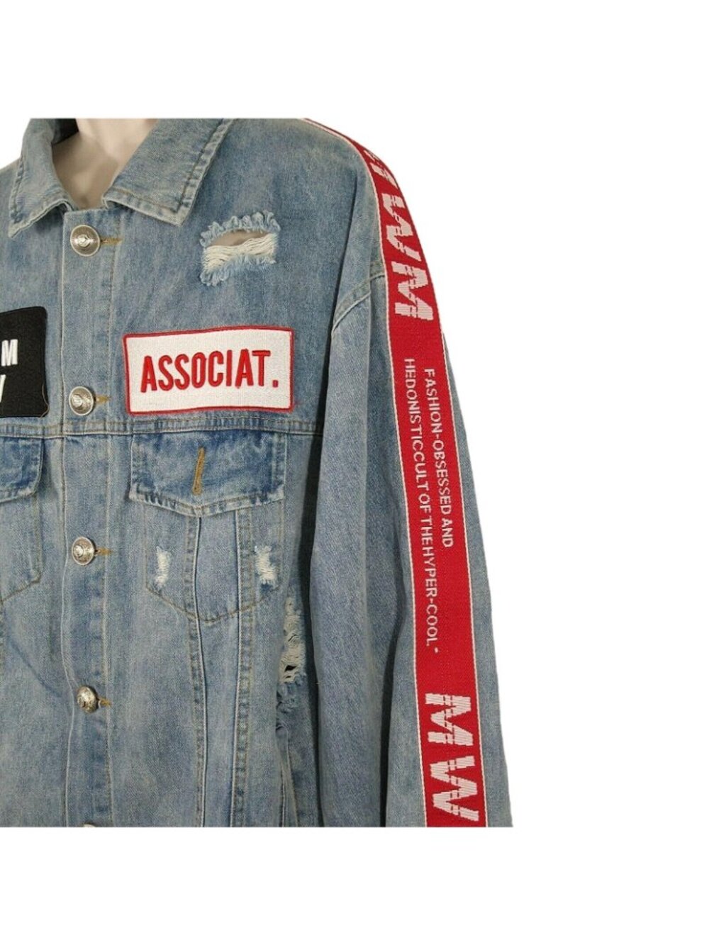 Mod Wave Movement Denim Jean Jacket Button Up Men Size XL Ripped Destroyed - Picture 5 of 12